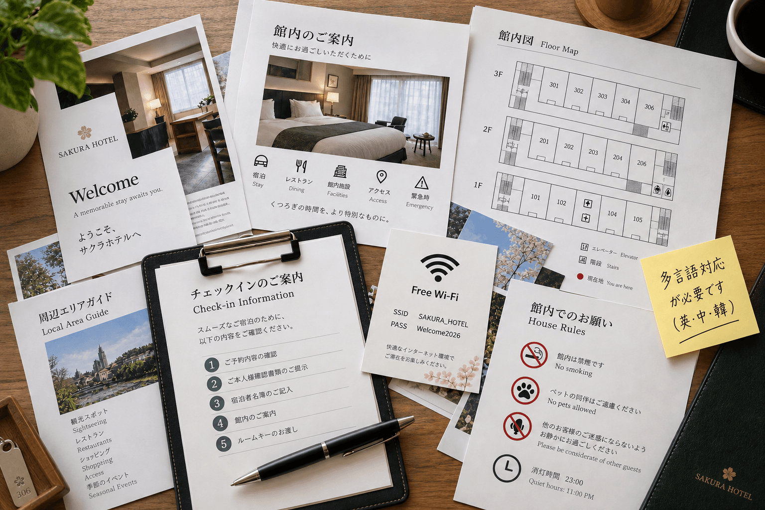 紙、PDF、口頭説明などに分かれた施設案内